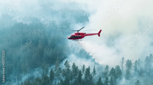 A red helicopter battles a forest fire, spraying water over smoke-filled trees in a dramatic scene of firefighting in nature.