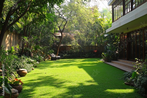 A modern house surrounded by lush greenery and a well maintained lawn in brig...