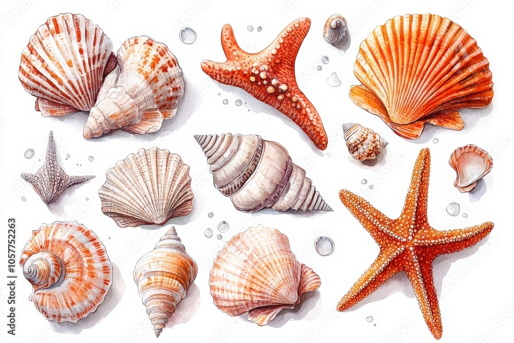 A collection of various seashells and a starfish, showcasing marine life diversity. A collection of various seashells and a starfish, showcasing marine life diversity.