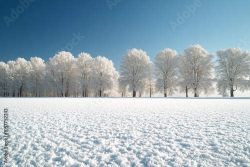 Winter landscape with snow covered trees under a clear blue sky in a serene s...