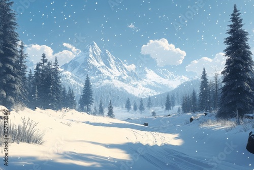 Snow covered mountains under a clear blue sky on a sunny winter day in a tran...