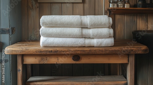 Neatly stacked white towels on a rustic wooden table in a cozy bathroom setting