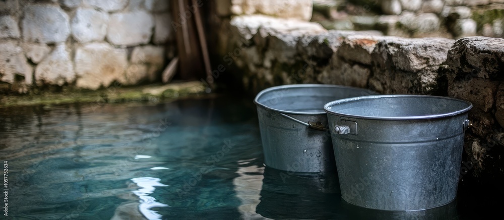 Large Bucket Full of Crystal Water at Historic Well Large Bucket Full of Crystal Water at Historic Well