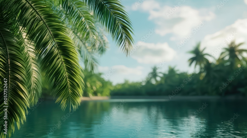 Fototapeta premium A serene tropical landscape featuring lush palm leaves reflecting in tranquil waters, under a bright sky with fluffy clouds.
