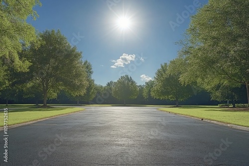 Fototapeta Naklejka Na Ścianę i Meble -  A clear sunny day illuminates a serene empty parking lot surrounded by lush trees