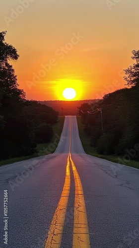 A serene view of a winding road surrounded by trees during sunset in the coun...