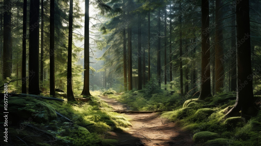 Obraz premium Dense forest with old spruce, fir, and pine trees, sunlight filtering through green leaves, serene atmosphere