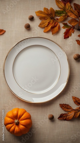 Elegant white plate surrounded by autumn leaves and decorative pumpkins on a ...