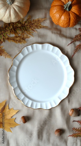 Elegant white plate surrounded by autumn leaves and decorative pumpkins on a ...