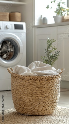 Laundry basket filled with white towels in a bright, modern laundry room duri...