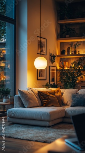Cozy living room with warm lighting and decorative plants near a large window...