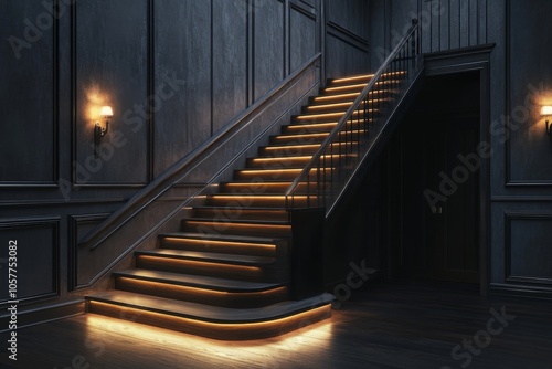 Elegant dark staircase with illuminated steps in a thoughtfully designed inte...