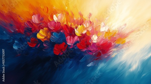 Textured abstract artwork with blue and yellow waves created using thick pain...