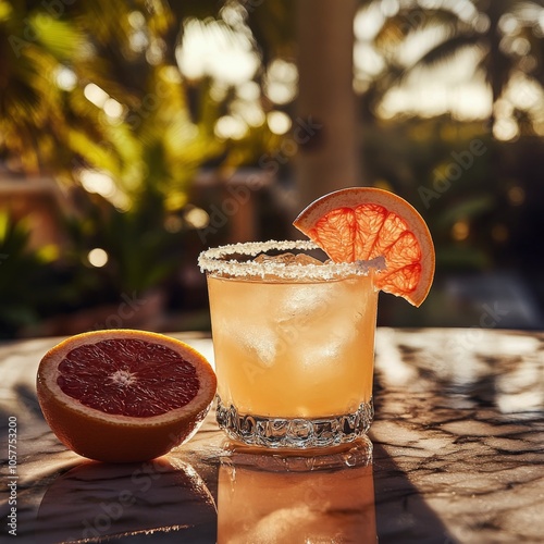 Refreshing grapefruit cocktail served on a marble surface with sliced fruit i...
