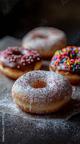 A colorful stack of assorted donuts with sprinkles and powdered sugar against...