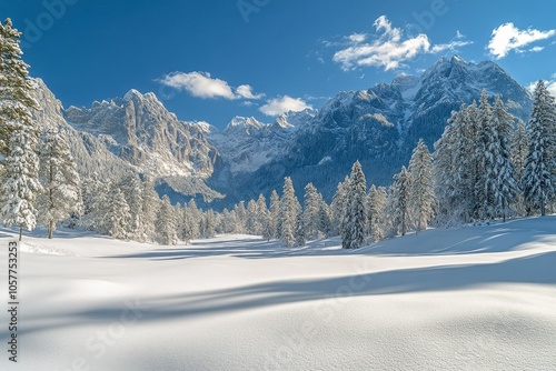 Snow covered mountains under a clear blue sky on a sunny winter day in a tran...
