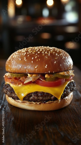 Delicious cheeseburger with fresh ingredients on a rustic wooden surface