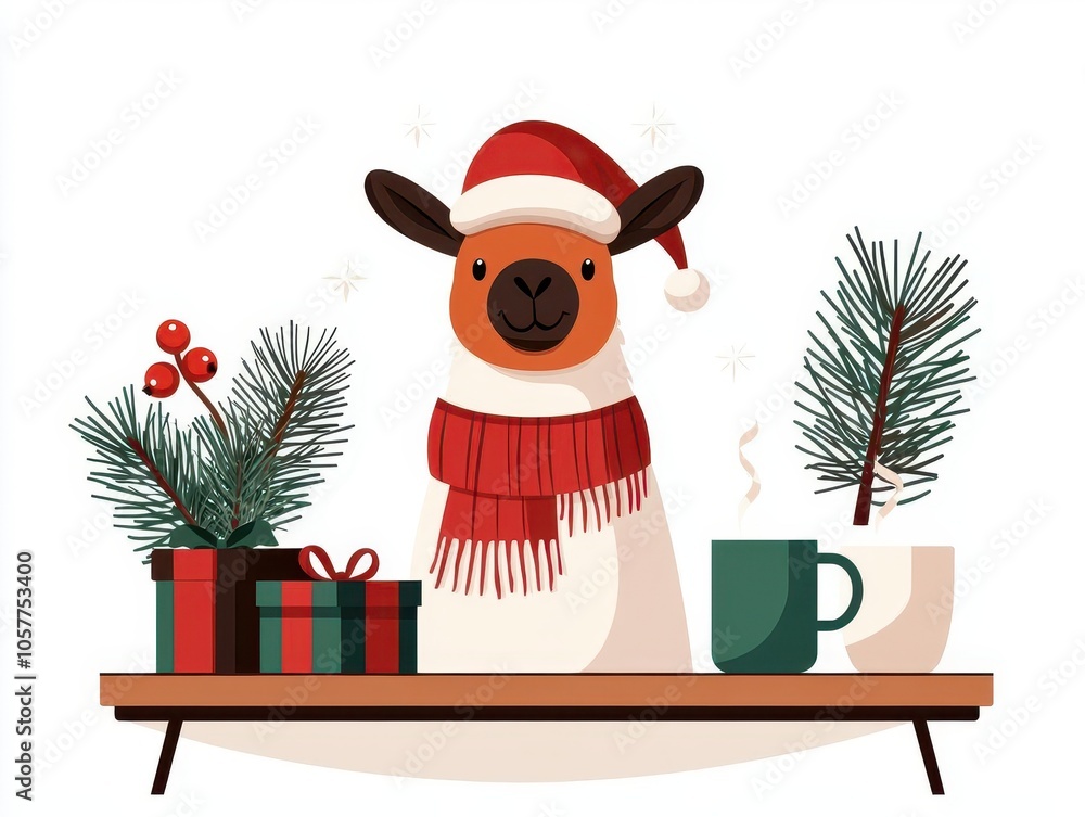 Naklejka premium Christmas llama, with holiday scarf, isolated on white, flat design illustration