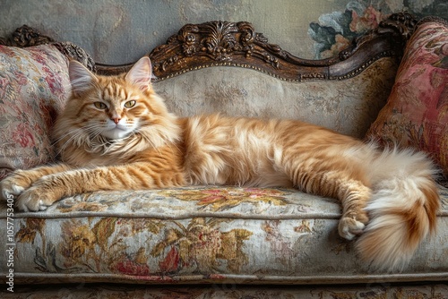 A relaxed orange cat lounging on a patterned couch in a cozy living room setting
