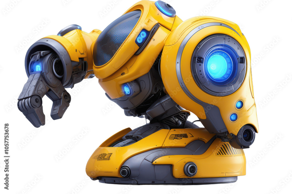 Futuristic Yellow Robot with Blue Lights and Gripping Hand Futuristic Yellow Robot with Blue Lights and Gripping Hand