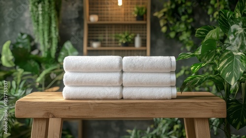 Neatly stacked white towels on a rustic wooden table in a cozy bathroom setting