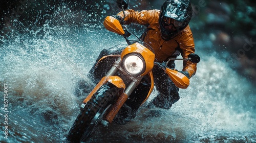 A motorcyclist rides through water with splashes during an adventure in a for...