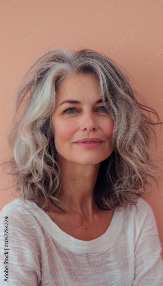 Fototapeta premium Portrait of a Thoughtful Middle-Aged Woman on a Pastel Peach Background for Inner Peace Concepts