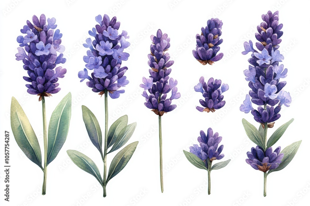 Naklejka premium A collection of watercolor illustrations of lavender flowers with varying sizes and details.