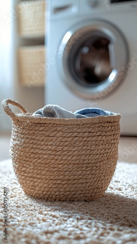 A braided basket filled with clean laundry sits in a bright laundry room near...