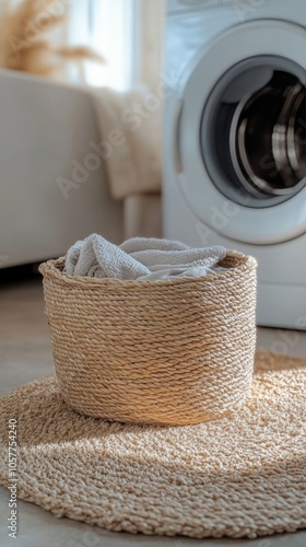 A braided basket filled with clean laundry sits in a bright laundry room near...
