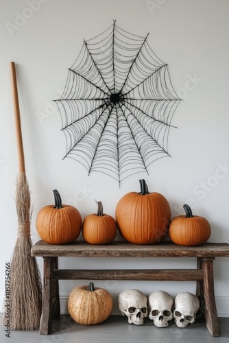 Decorative Halloween display with pumpkins, skulls, and a spider web in a coz...