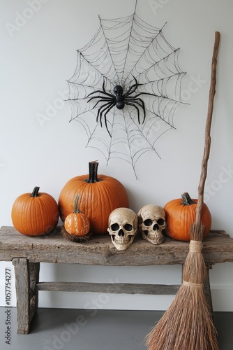 Decorative Halloween display with pumpkins, skulls, and a spider web in a coz...