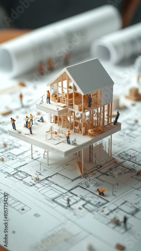 Detailed miniature construction of a wooden house on a blueprint in a busy wo...