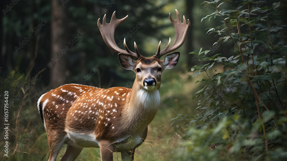 Fototapeta premium A fallow deer is standing amidst small, dense bushes ai