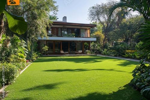 A modern house surrounded by lush greenery and a well maintained lawn in brig...