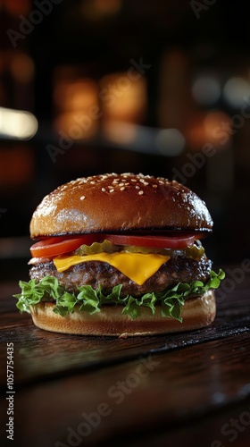 Delicious cheeseburger with fresh ingredients on a rustic wooden surface