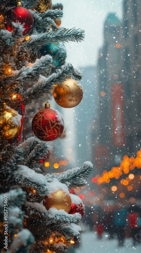 Festive holiday decorations glisten in the snow on a busy city street during ...
