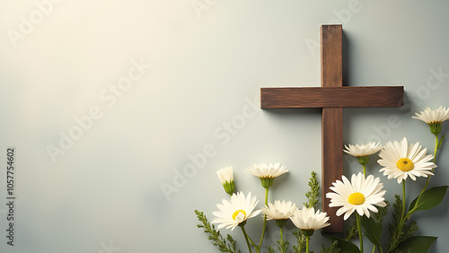 A Christian cross design features white flowers on a muted background to accompany funeral invitations and other event information.