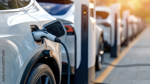 Electric vehicle charging at station with multiple cars in the background.