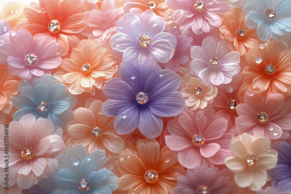 Colorful pastel flowers with sparkling gems arranged beautifully in a vibrant display Colorful pastel flowers with sparkling gems arranged beautifully in a vibrant display