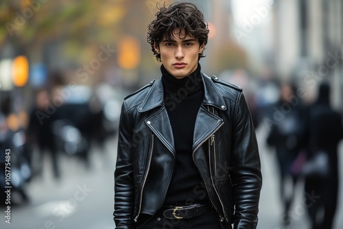 Young man in leather jacket walks through a bustling city street on a cloudy day