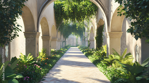 Ancient stone arches and lush greenery entwined in mystical harmony, evoking the legendary hanging gardens of babylon's fabled beauty and architectural wonder. Ancient Persian Garden. Illustration