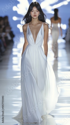 Elegant model walking the runway in a stunning white gown during a fashion sh...