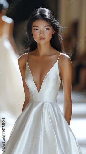 Elegant model walking the runway in a stunning white gown during a fashion sh...