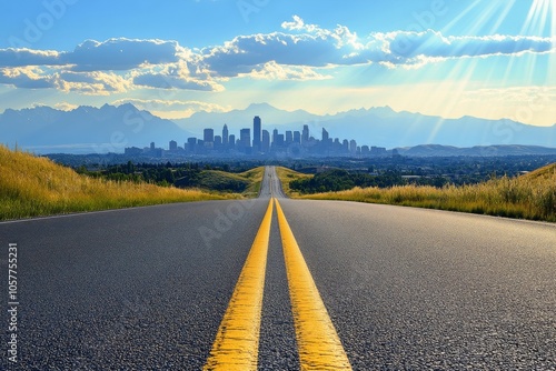 A long road leads towards a cityscape with mountains and bright blue sky in t...