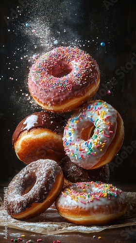 A colorful stack of assorted donuts with sprinkles and powdered sugar against...