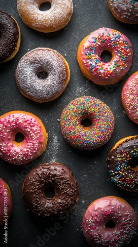 A colorful stack of assorted donuts with sprinkles and powdered sugar against...