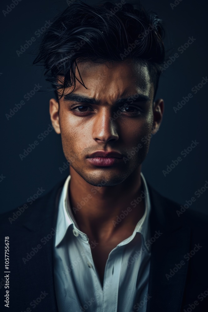 Confident Young Man Portrait with Intense Lighting Against Navy Background for Professional Use Confident Young Man Portrait with Intense Lighting Against Navy Background for Professional Use