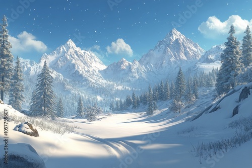 Snow covered mountains under a clear blue sky on a sunny winter day in a tran...