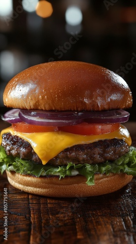 Delicious cheeseburger with fresh ingredients on a rustic wooden surface